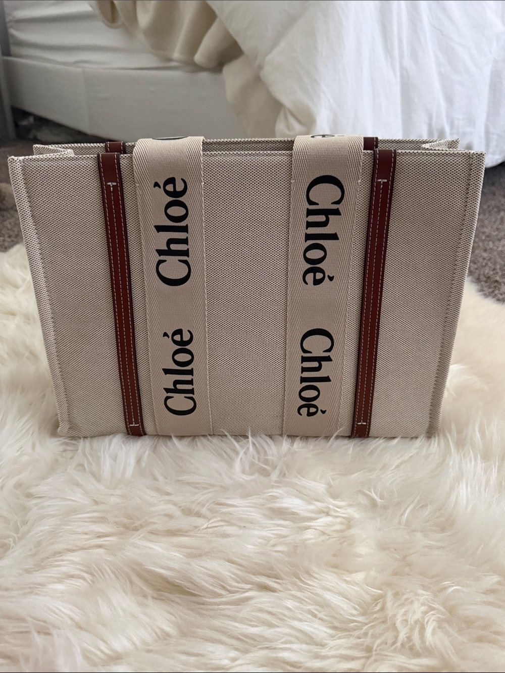 Beige Canvas Logo-Strip Tote